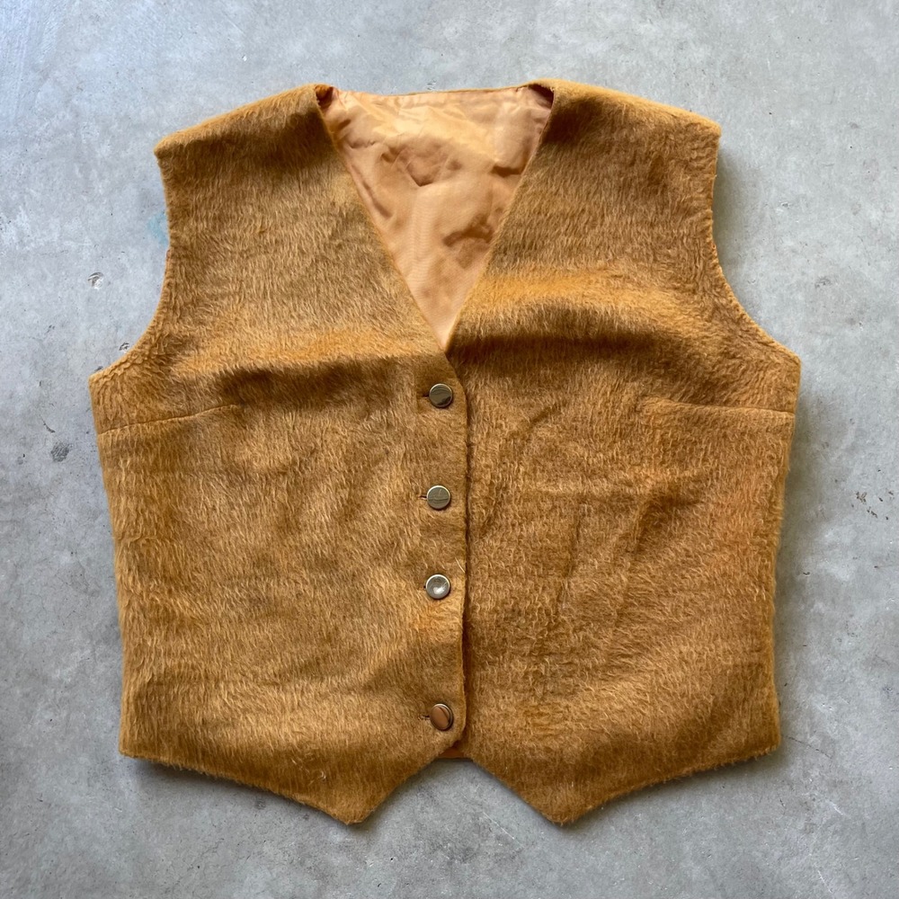 Vintage Shaggy Faux Mohair Acrylic Vest Mustard Gold Button Up Waistcoat 18.5x19